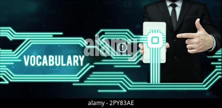 Textvokabular wird geschrieben. Internetkonzeptsammlung von Wörtern und Ausdrücken, die alphabetisch angeordnet und erklärt oder definiert sind Stockfoto