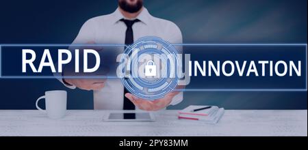 Textunterschrift für schnelle Innovationen. Wort, das auf einer Website geschrieben wird, die Suchmaschinenalgorithmen verwendet Stockfoto