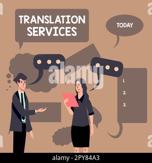 Zeichen, das Übersetzungsservices anzeigt. Wort für Organisation, die Menschen die Übersetzung von Sprache ermöglicht Stockfoto