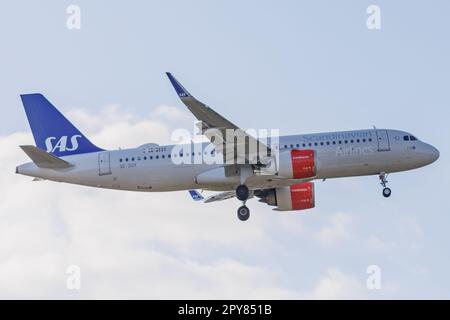 Düsseldorf, Deutschland. 02.05.2023. SE-DOX SAS SCANDINAVIAN AIRLINES AIRBUS A320neo landet am Düsseldorf International Airport. Kredit: Ant Palmer/Al Stockfoto