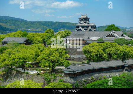 Kumamoto, Japan - 26. April 2023: Blick auf die Burg Kumamoto auf der Insel Kyushu in Japan. Stockfoto