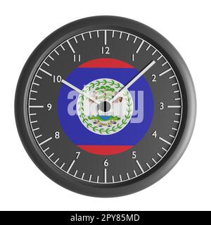 Zeichen und Symbole. Konstruktionselement. 3D Abbildung. Wanduhr mit der Flagge von Belize Stockfoto