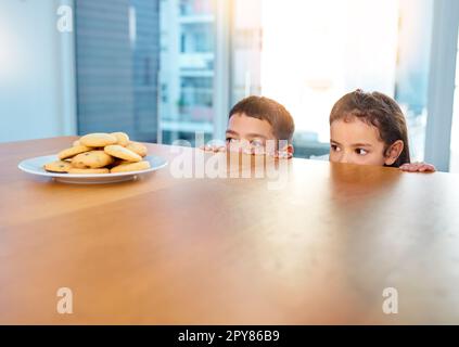 Wir müssen schnell zuschlagen und keine Spuren hinterlassen. Zwei schamlose kleine Kinder stehlen Kekse auf dem Küchentisch zu Hause. Stockfoto