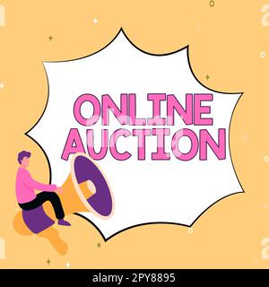 Konzeptdarstellung Online-Auktion. Geschäftskonzept Prozess des Einkaufs und Verkaufs von Waren oder Dienstleistungen online Stockfoto