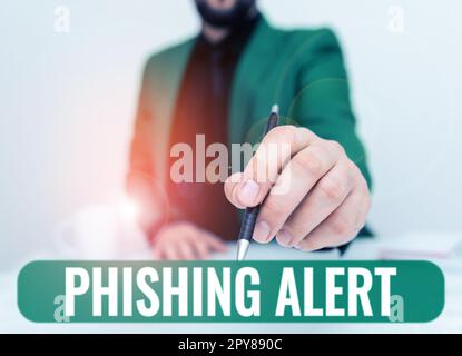 Konzeptionelle Beschriftung Phishing-Alarm. Ein Wort, das in Kenntnis des betrügerischen Versuchs, an vertrauliche Informationen zu gelangen, geschrieben wurde Stockfoto