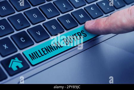 Schreiben mit Text Millennial Buyers. Konzept bedeutet Typ der Verbraucher, die an Trendprodukten interessiert sind Stockfoto