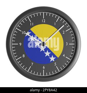 Zeichen und Symbole. Konstruktionselement. 3D Abbildung. Wanduhr mit der Flagge von Bosnien und Herzegowina Stockfoto