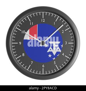 Zeichen und Symbole. Konstruktionselement. 3D Abbildung. Wanduhr mit der Flagge des französischen Süd- und Antarktislands Stockfoto