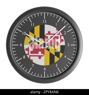 Zeichen und Symbole. Konstruktionselement. 3D Abbildung. Wanduhr mit der Flagge von Maryland Stockfoto