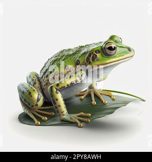 Frosch sitzt auf einem Seerosenblatt isoliert. 3D Rendern Sie den Frosch auf weißem Hintergrund Stockfoto