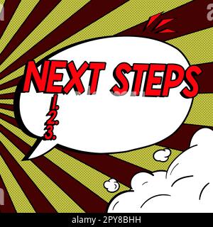 Schild mit den nächsten Schritten 1,2,3. Ein Wort für etwas, das man tut oder plant, nachdem man etwas anderes beendet hat Stockfoto