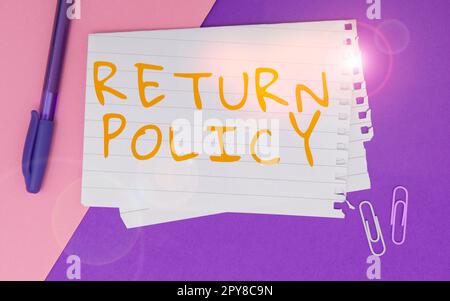 Text mit den Rückgaberichtlinien. Konzeptfoto: Geschäftsbedingungen für die Steuererstattung beim Kauf Stockfoto