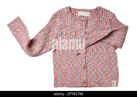 Mädchenkleider. Mehrfarbige, elegante, flauschige Strickjacke oder Pullover mit V-Ausschnitt und isoliertem Knopfverschluss. Beschneidungspfad. Kinder- und Kindermode. Stockfoto