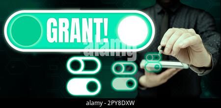 Berechtigung für konzeptionelle Anzeige. Geld für Geschäftskonzept, das von einer Organisation oder Regierung für ein zweckmäßiges Stipendium vergeben wird Stockfoto