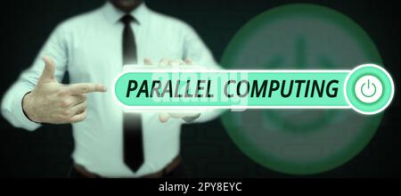 Textzeichen für Parallelverarbeitung. Gleichzeitige Berechnung von Geschäftsideen mittels Software und Hardware Stockfoto