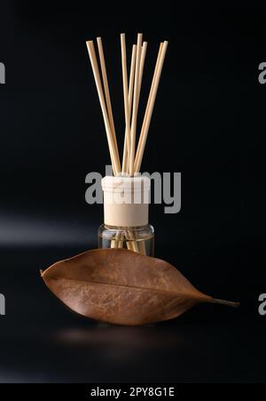 Flasche Aroma-Diffusor auf dunklem Hintergrund Stockfoto