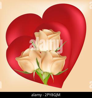 Drei weiße Rosen auf dem Hintergrund von zwei roten Herzen. Valentinstag-Konzept. Stockfoto