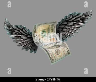Eine 100-Dollar-Banknote mit Flügeln auf grauem Hintergrund Stockfoto