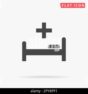Krankenhausbett und Kreuz. Einfaches flaches schwarzes Symbol mit Schatten auf weißem Hintergrund. Piktogramm zur Vektordarstellung Stockfoto