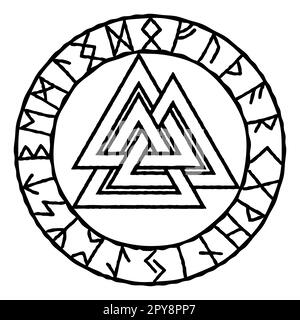 Das uralte, skandinavische Symbol der Valknuss ist ein Knoten gefallener Krieger, ein Zeichen von Odin in einem Ring von Runen. Vektordarstellung. Stock Vektor