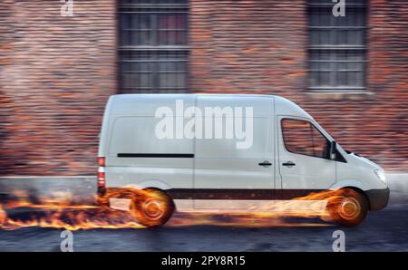 Super schnelle Lieferung von Paket Service mit Van mit Rädern in Brand. Stockfoto