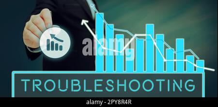 Schreiben Textanzeige Fehlerbehebung. Geschäftskonzept eine Untersuchung oder Behandlung der Probleme ist aufgetreten Stockfoto
