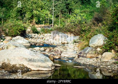 Ein kleiner Fluss quietscht aus dem Mountain Valley in einer engen, gewundenen Passage. Rangbang River Mountain Valley Mirik West Bengal Indien Südasiatisch-pazifischer Raum Stockfoto