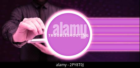 Textzeichen für Fehlerbehebung. Konzeptfoto eine Untersuchung oder Behandlung der Probleme ist aufgetreten Stockfoto