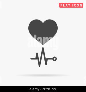 Das einfache Herz mit seinem Kardiogramm. Einfaches flaches schwarzes Symbol mit Schatten auf weißem Hintergrund. Piktogramm zur Vektordarstellung Stockfoto