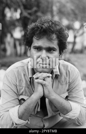 Indischer alter 1980er Jahre alter schwarz-weißer bollywood-Kino hindi Filmschauspieler, Indien, Satish Kaushik, indischer Schauspieler, indischer Regisseur, Indischer Produzent, indischer Komiker, indischer Drehbuchautor, Indien Stockfoto