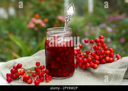 Ein Glas leckere Marmelade und Viburnum-Beeren auf dem Tisch im Freien Stockfoto