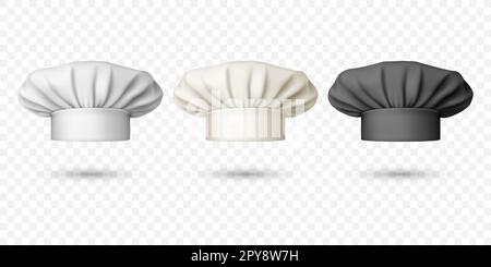 Vector 3D Realistic Chefhut in Weiß und Schwarz, Toque Icon Set. Koch, Bäckerin/Köchin/Kappen-Designvorlage. Bäckerei, Restaurant, Küchenuniform. Baumwollhüte, Stockfoto