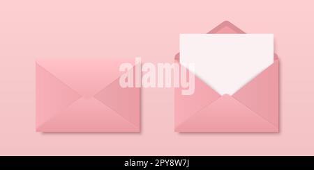 Vektor realistisch leer Pink Geschlossen, geöffnete Briefumschläge mit Letter-Inhalt. Gefaltet, Abgewickelte Weiße Hülle, Modellset Großaufnahme Isoliert. Nachricht, A Stockfoto