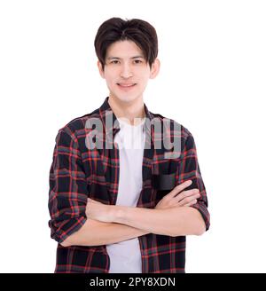 Ein gut aussehender asiatischer junger Mann, isoliert auf Weiß Stockfoto