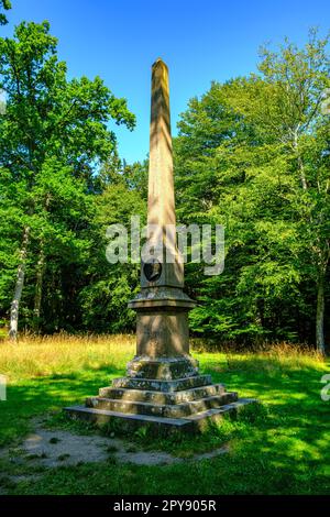 Gedenksäule für Hans Römer im Waldgebiet Almindingen auf der Insel Bornholm, Dänemark, Skandinavien, Europa. Stockfoto