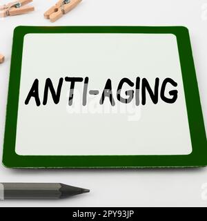 Inspiration zeigt Zeichen Anti Aging. Geschäftsidee Ein Produkt, das das Aussehen des Älterwerden verhindern soll Stockfoto