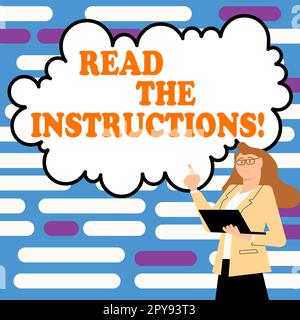 Schild mit der Aufschrift Read the Instructions (Anweisungen lesen). Konzeptfoto Lesen Sie sich etwas genau durch, was Ihnen jemand sagt Stockfoto