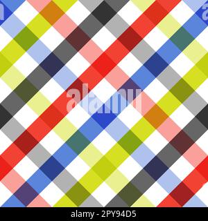 Klassische Zelle diagonal. Farbe: Blau, Grün, Grau und Rot auf weißem Hintergrund. Nahtloses Muster für Grafikdesign, Stoff, Textil und Mode. Stockfoto