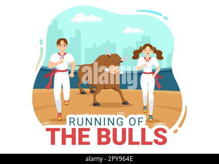 „Running of the Bulls Illustration with Bullfighting Show in Arena“ in einem flachen Cartoon, handgezeichnet für Webbanner oder Landing-Page-Vorlage Stockfoto