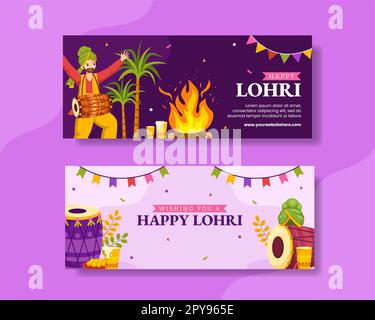 Happy Lohri Festival Horizontal Banner Flat Cartoon Handgezeichnete Vorlagen Hintergrunddarstellung Stockfoto