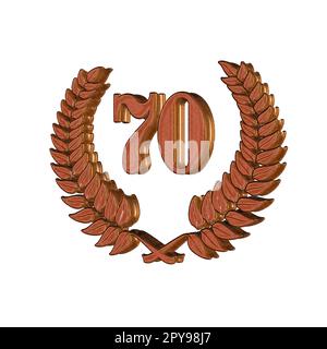 Nummer 70 mit Lorbeerkranz oder Ehrenkranz als 3D-Illustration, 3D-Darstellung Stockfoto