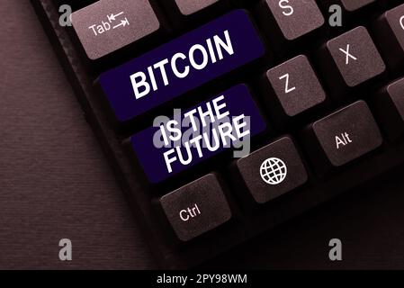 Das Schreiben mit der Anzeige von Text Bitcoin ist die Zukunft. Konzept für den digitalen Markt, auf dem Händler Bitcoins kaufen und verkaufen können Stockfoto