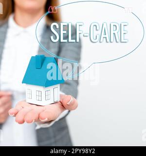 Textunterschrift für die Präsentation der Selbstpflege. Wort geschrieben über die Praxis, Maßnahmen zu ergreifen, um die eigene Gesundheit zu verbessern Stockfoto
