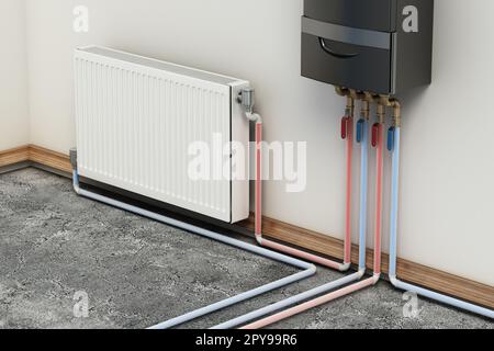 Kombikessel an der Hauswand, neben dem Heizkörper. Diagramm der Kühlerleitungen. 3D Abbildung. Stockfoto