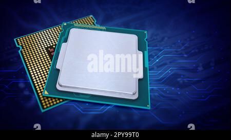 CPUs (Central Processing Units) auf blauem Hintergrund. 3D Abbildung. Stockfoto