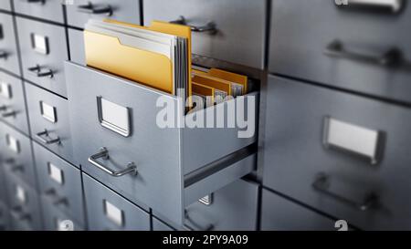 Aktenschrank mit einem einzigen gelben Ordner in einer offenen Schublade. 3D Abbildung. Stockfoto