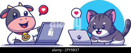 Süße Kuh, die an einem Laptop-Cartoon arbeitet, Vektorsymbol-Illustration. Animal Technology Icon Konzept isolierte Premium Vector von The Greatest Graphics Stock Vektor