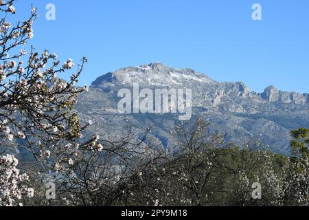 Sehr seltener Schnee in den Bergen von Guadalest, Provinz Alicante, Costa Blanca, Spanien Stockfoto