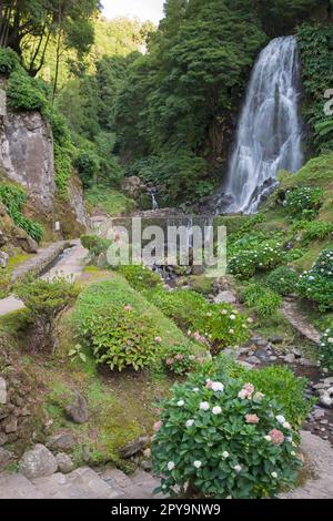 Wasserfall im Flusstal, Ribeira dos Caldeiroes, Sao Miguel, Azoren, Portugal Stockfoto