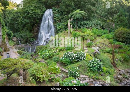 Wasserfall im Flusstal, Ribeira dos Caldeiroes, Sao Miguel, Azoren, Portugal Stockfoto